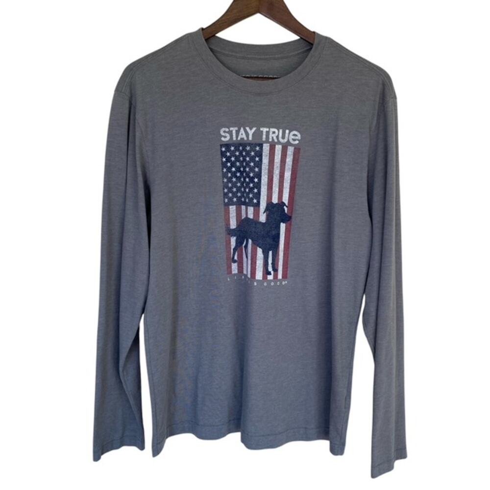 Life is Good Gray Long Sleeve Cool Tee with American Flag - Medium